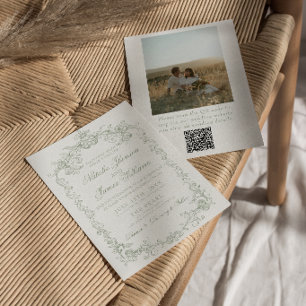 Vintage Salbeigrün Old Money Foto QR Code Hochzeit Einladung