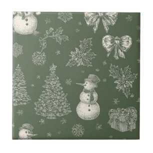 Vintage Salbeigrün Winter Toile Weihnachten (5) Fliese