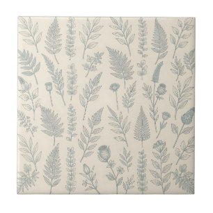 Vintage Salbeigrüne Farne Wildblumen Botanik Fliese