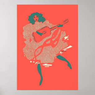 Vintage-Salmon-Teal-Gitarren-Frau-Musikerin-Kühn Poster