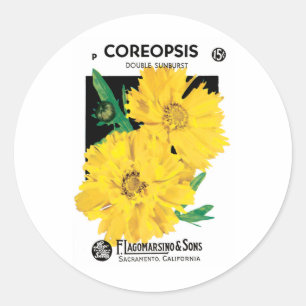 Vintage-Samenpaket-Kunst, gelbe Coreopsis-Blumen Runder Aufkleber