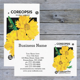 Vintage-Samenpaket-Kunst, gelbe Coreopsis-Blumen Visitenkarte