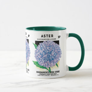 Vintage-Samenpaket-Kunst, violette Aster-Blumen Tasse