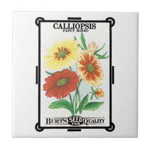 Vintage-Samenpaket-Label-Kunst, Calliopsis-Blumen Fliese