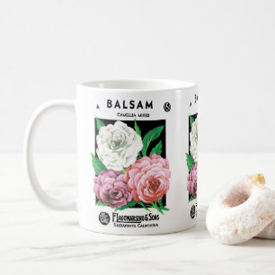Vintage-Samenpaket-Label-Kunst, Kamelien-Blumen Tasse