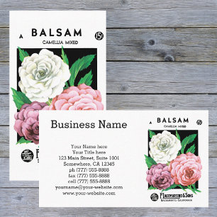Vintage-Samenpaket-Label-Kunst, Kamelienblumen Visitenkarte