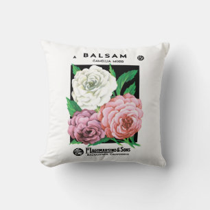 Vintage-Samenpaket-Label-Kunst, Kamelienblüten Kissen