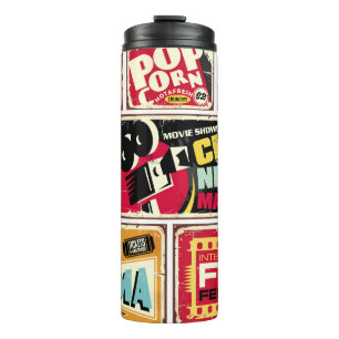 Vintage Sammlung von Kinozinnschildern. Filmbranch Thermosbecher