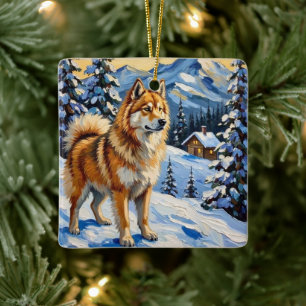 Vintage Samojede in alpinem Weihnachtslandschaft Keramikornament