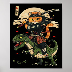 Vintage-Samurai-Katze-Dinosaurier-Japanische-Kunst Poster
