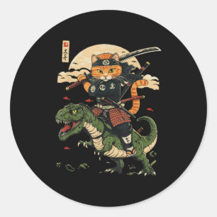 Vintage-Samurai-Katze-Dinosaurier-Japanische-Kunst Runder Aufkleber