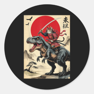 Vintage-Samurai-Katze reitet auf Dinosaurier japan Runder Aufkleber