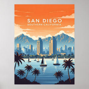 Vintage-San-Diego-Skyline mit Segelbooten Poster