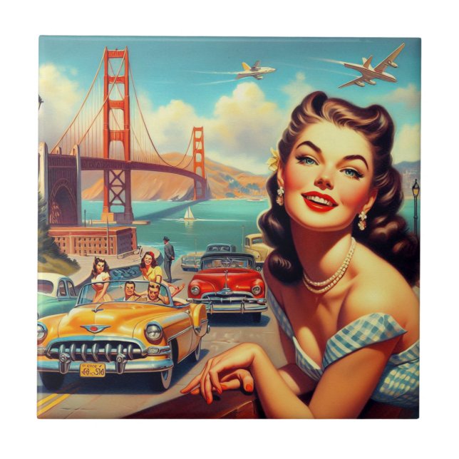 Vintage San Francisco Girl Illustration Fliese (Vorderseite)
