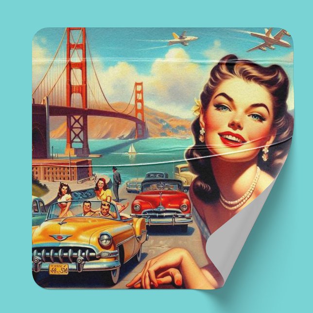 Vintage San Francisco Girl Illustration Quadratischer Aufkleber (Von Creator hochgeladen)