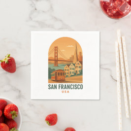 Vintage San Francisco Travel Poster Napkins | Gold Serviette