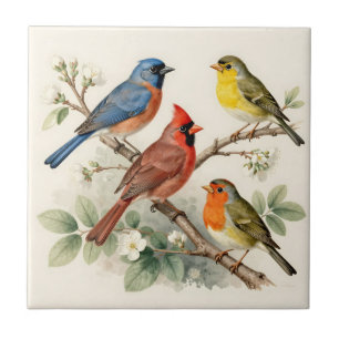 Vintage-Sangvogel-Blütenzweig-Illustration Fliese