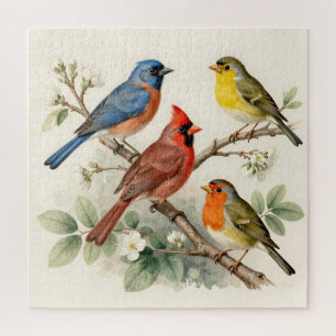 Vintage-Sangvogel-Blütenzweig-Illustration Puzzle