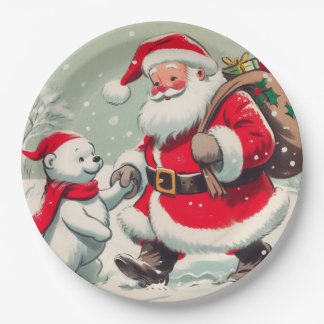 Vintage Santa and Bear Christmas Paper Plates Pappteller