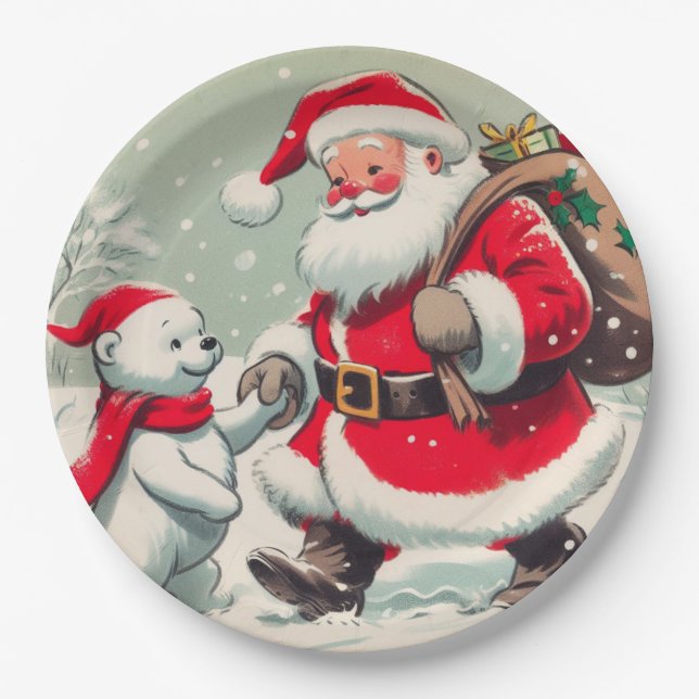 Vintage Santa and Bear Christmas Paper Plates Pappteller (Vorderseite)