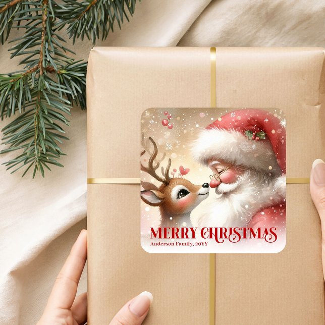 Vintage Santa and Rudolph Personalized Holiday  Quadratischer Aufkleber (Vintage Santa and Rudolph Personalized Holiday Sticker)
