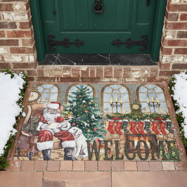 Vintage Santa by the Fireplace Christmas Rustic Fußmatte