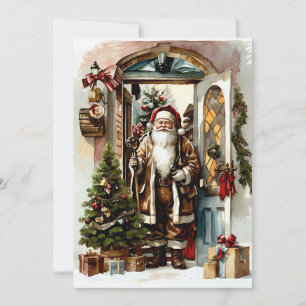 Vintage Santa Claus an der Tür Feiertagskarte