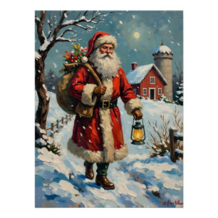 Vintage Santa Claus auf einem schneebedeckten Baue Poster