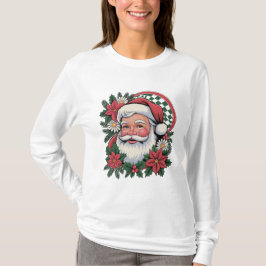 Vintage Santa Claus Floral Christmas Holiday T-Shirt