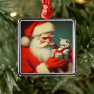 Vintage Santa Claus mit Kätzchen Retro Süß Ornament Aus Metall