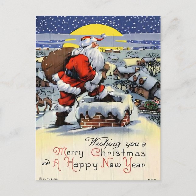Vintage Santa Claus on Snowy Rooftop Postkarte (Vorderseite)