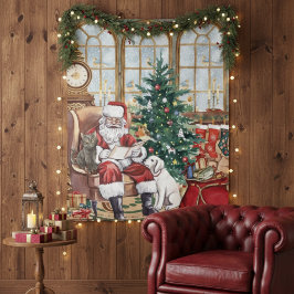 Vintage Santa Cozy Christmas Animals Backdrop Wandteppich