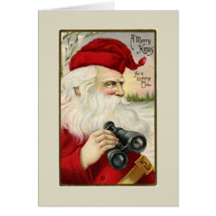 Vintage Santa Holding Binoculars Grußkarte