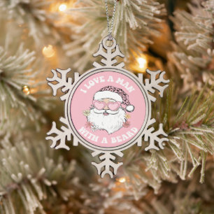 Vintage Santa I Liebe ein Mann mit bärenrosa Weihn Schneeflocken Zinn-Ornament