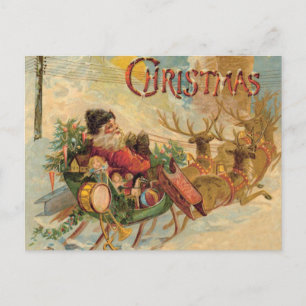 Vintage Santa in seinem Rentier-Schlitten Feiertagspostkarte