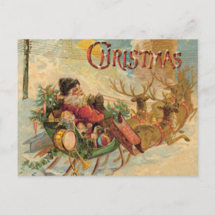 Vintage Santa in seinem Rentier-Schlitten Feiertagspostkarte