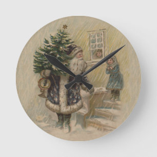 Vintage Santa in Snow Runde Wanduhr