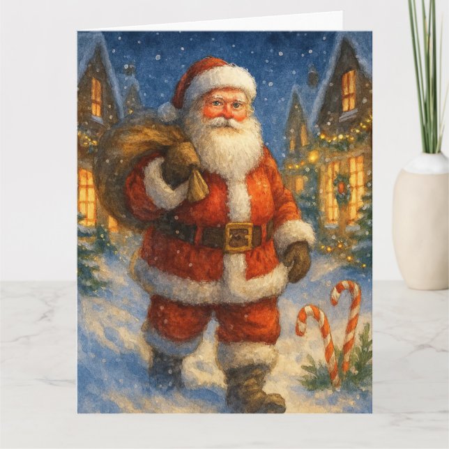 Vintage Santa in Snowy Village Karte (Vorderseite)