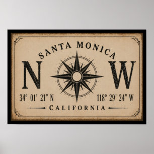 Vintage Santa Monica Kalifornien Koordinaten Poster
