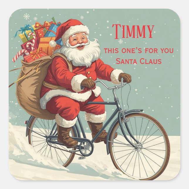 Vintage Santa on Bicycle – Personalized Christmas Quadratischer Aufkleber (Vorderseite)