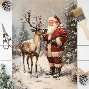 Vintage Santa Petting A Rentier Dekoupage Seidenpapier