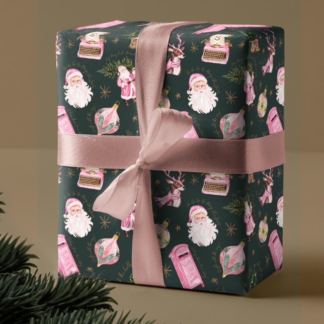 Vintage Santa Retro Rosa Weihnachtsmonografie Geschenkpapier (Vintage Santa Retro Pink Christmas Custom Monogram Wrapping Paper)
