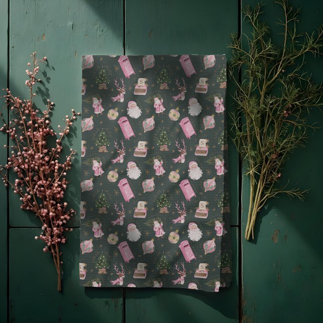 Vintage Santa Retro Rosa Weihnachtsmonografie Geschirrtuch (Vintage Santa Retro Pink Christmas Custom Monogram Kitchen Towel)