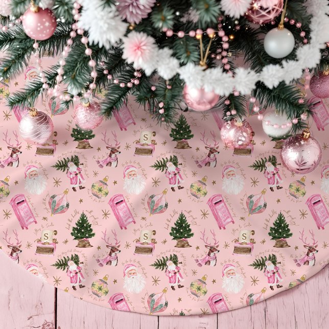 Vintage Santa Retro Rosa Weihnachtsmonografie Polyester Weihnachtsbaumdecke (Vintage Santa Retro Pink Christmas Custom Monogram Brushed Polyester Tree Skirt)