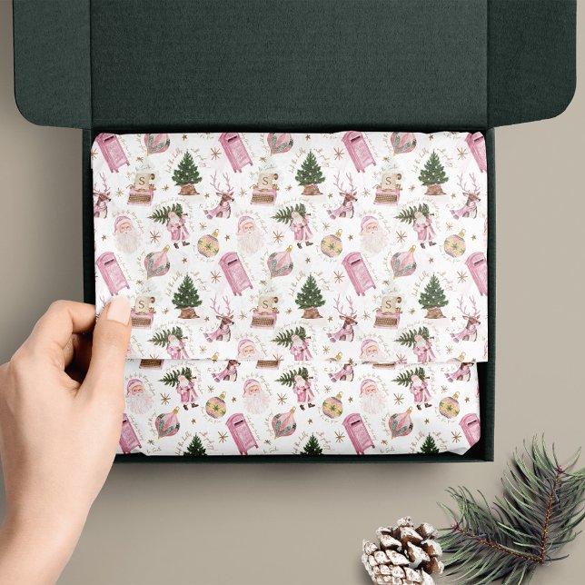 Vintage Santa Retro Rosa Weihnachtsmonografie Seidenpapier (Vintage Santa Retro Pink Christmas Custom Monogram Tissue Paper)