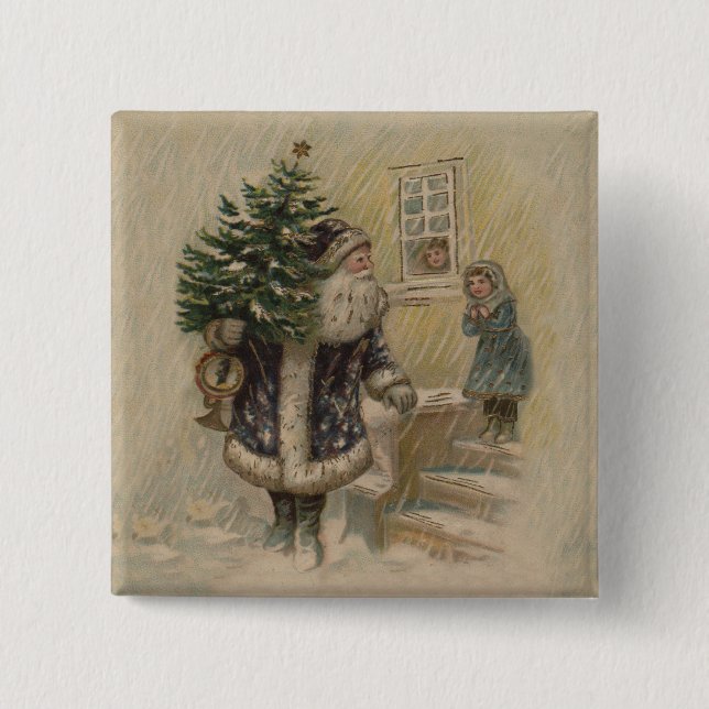 Vintage Santa Schnee Weihnachtsbaum Button (Vorderseite)