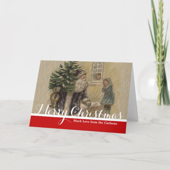 Vintage Santa Schnee Weihnachtsbaum Feiertagskarte (Vorderseite)