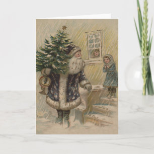 Vintage Santa Schnee Weihnachtsbaum Feiertagskarte