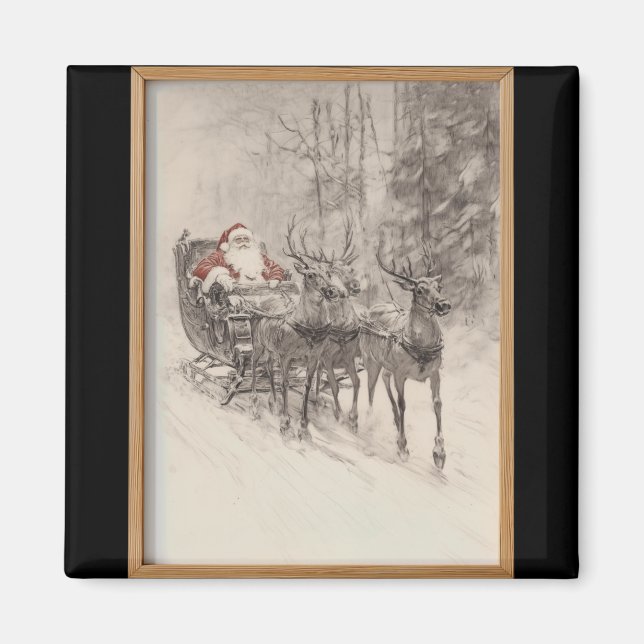 Vintage Santa Sleigh Xmas Forest Sketch  Magnet (Vorne)