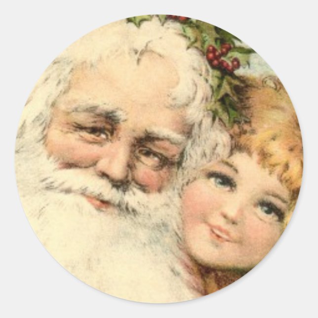 VINTAGE SANTA- UND KLEINE MÄDCHENROUNDklemme Runder Aufkleber (Vorderseite)